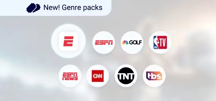 MySports Genre pack channel icons showing ESPN Plus, ESPN, Golf, NBA TV, ESPN, CNN, TNT, TBS.